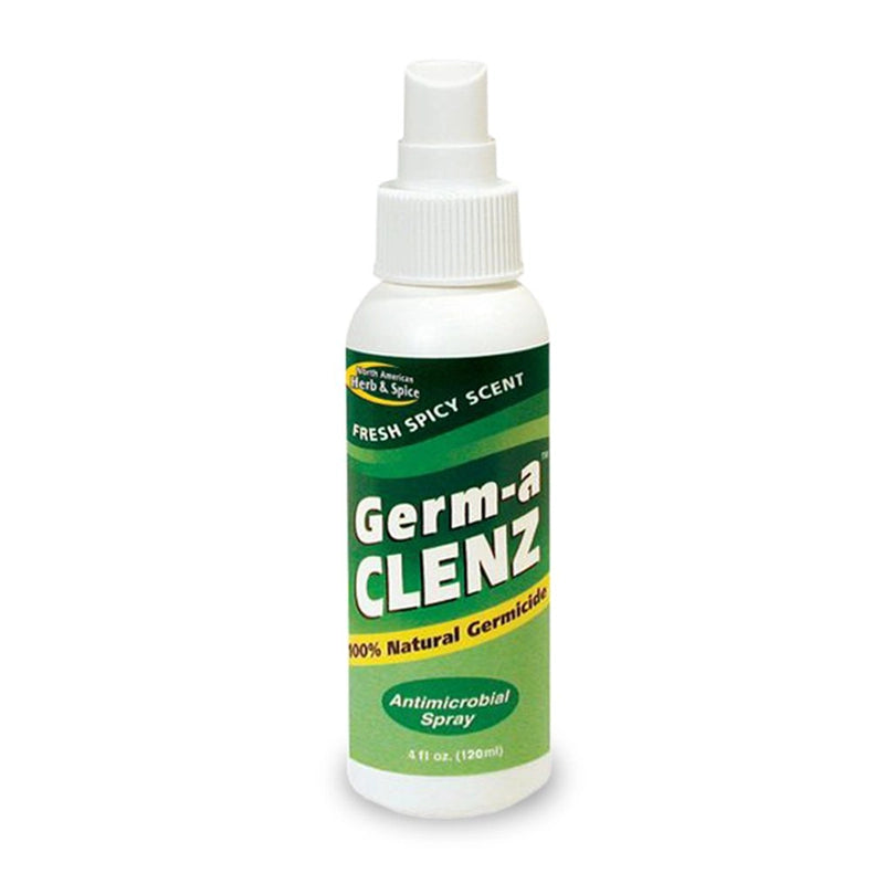 Green Germ-a-CLENZ 120ml antimicrobial spray bottle on a white background