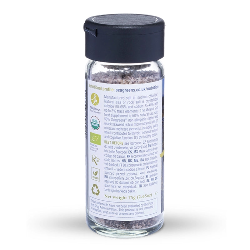 Seagreens_Mineral_Salt glass supplement bottle with a black cap on a white background