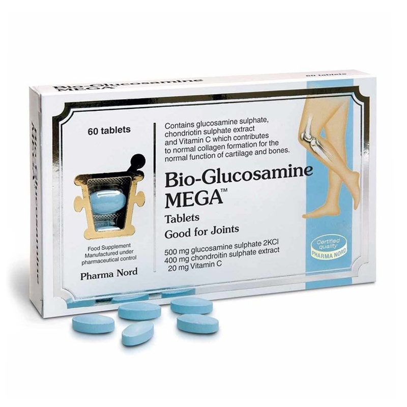 Packaging of Bio-Glucosamine Mega 60 Tablets for joint support, showing the box and the tablets outside.