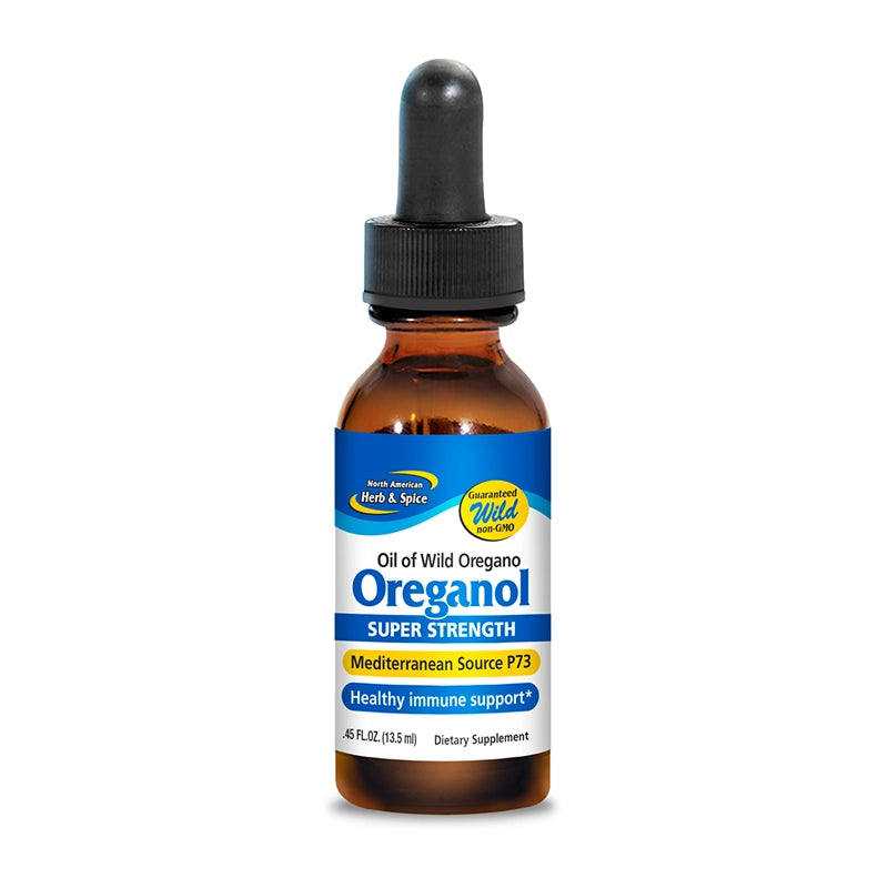 Bottle of Oreganol Super Strength oil with a dropper on a white background