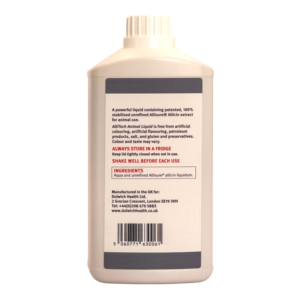 AlliTech Animal bottle label with text and a barcode on a white background