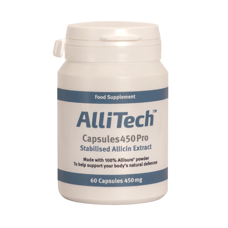 Front of AlliTech Capsules450 Pro food supplement bottle on a white background