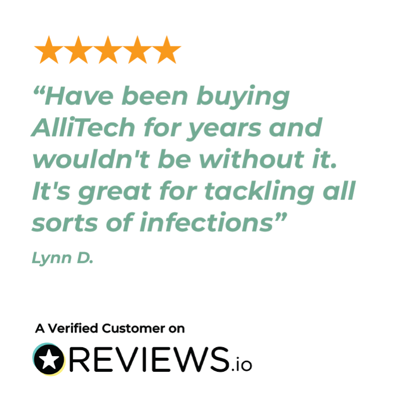 Five-star review for AlliTech 450 Pro on Reviews.io with a customer quote and verified badge.