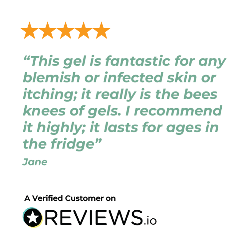 Five-star review of AlliTech Gel for blemish or infected skin on a white background with REVIEWS.io branding.