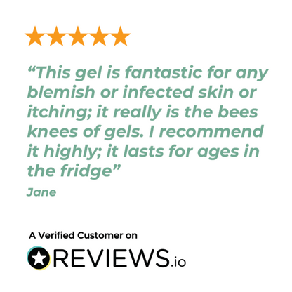 Five-star review of AlliTech Gel for blemish or infected skin on a white background with REVIEWS.io branding.