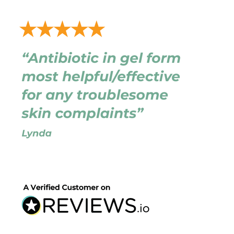 Five-star review for AlliTech Gel antibiotic gel on a white background with REVIEWS.io branding.