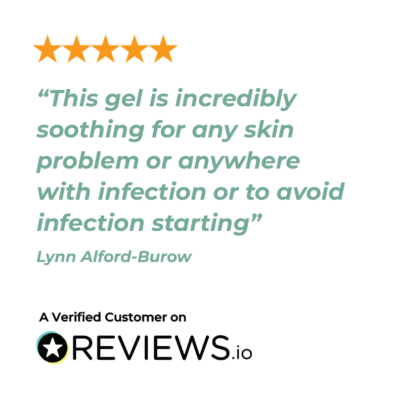 Five-star review for a AlliTech Gel on Reviews.io with a customer quote praising its soothing effects.