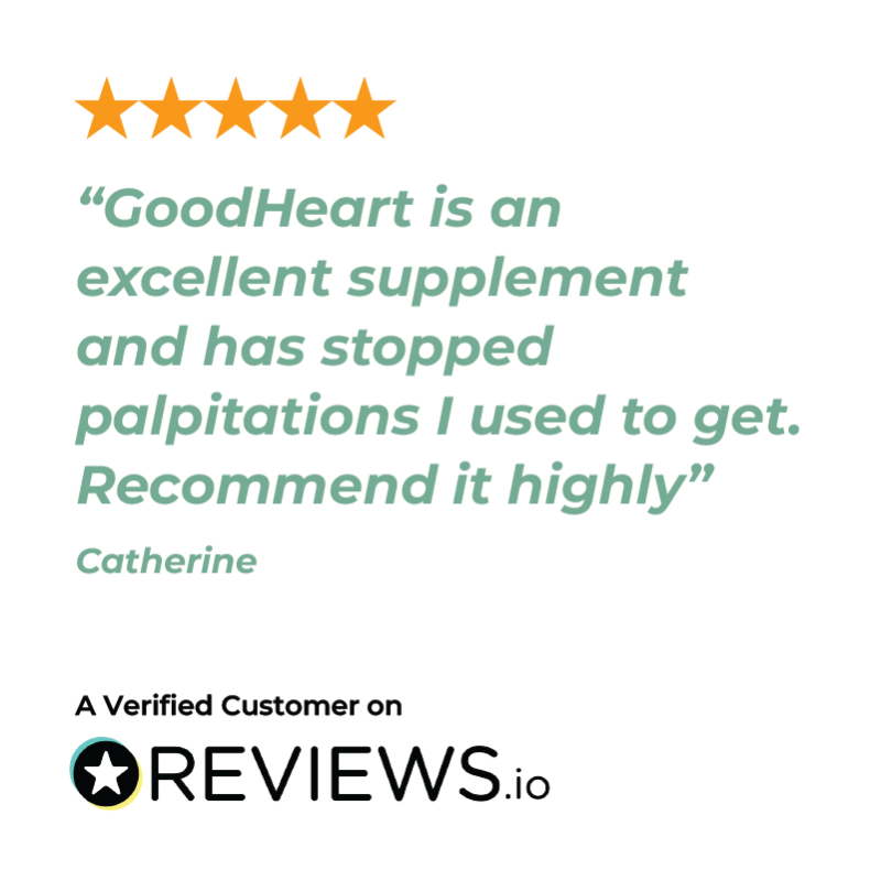 Five-star review for GoodHeart supplement on Reviews.io with a verified customer quote.