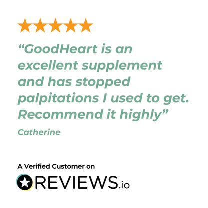 Five-star review for GoodHeart supplement on Reviews.io with a verified customer quote.