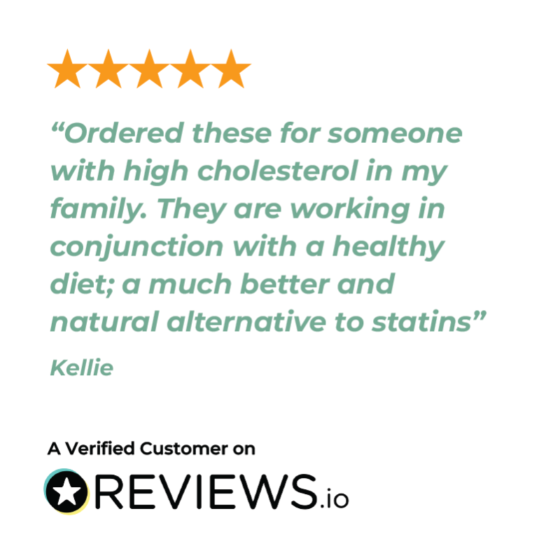 AlliTech GoodHeart five-star review on REVIEWS.io with a customer quote about high cholesterol and a healthy diet.