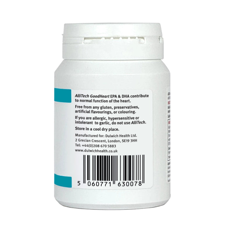 Back label of AlliTech GoodHeart supplement container with text and a barcode on a white background