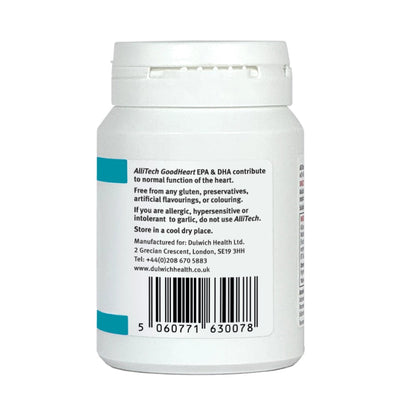 Back label of AlliTech GoodHeart supplement container with text and a barcode on a white background