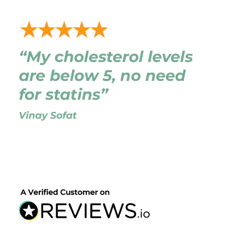 Five-star rating review with a customer quote on cholesterol levels and statins, from REVIEWS.io.