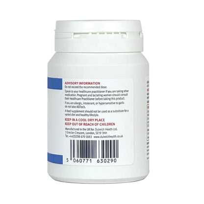 Back label of AlliTech Probiotic Plus supplement container with text and a barcode on a white background