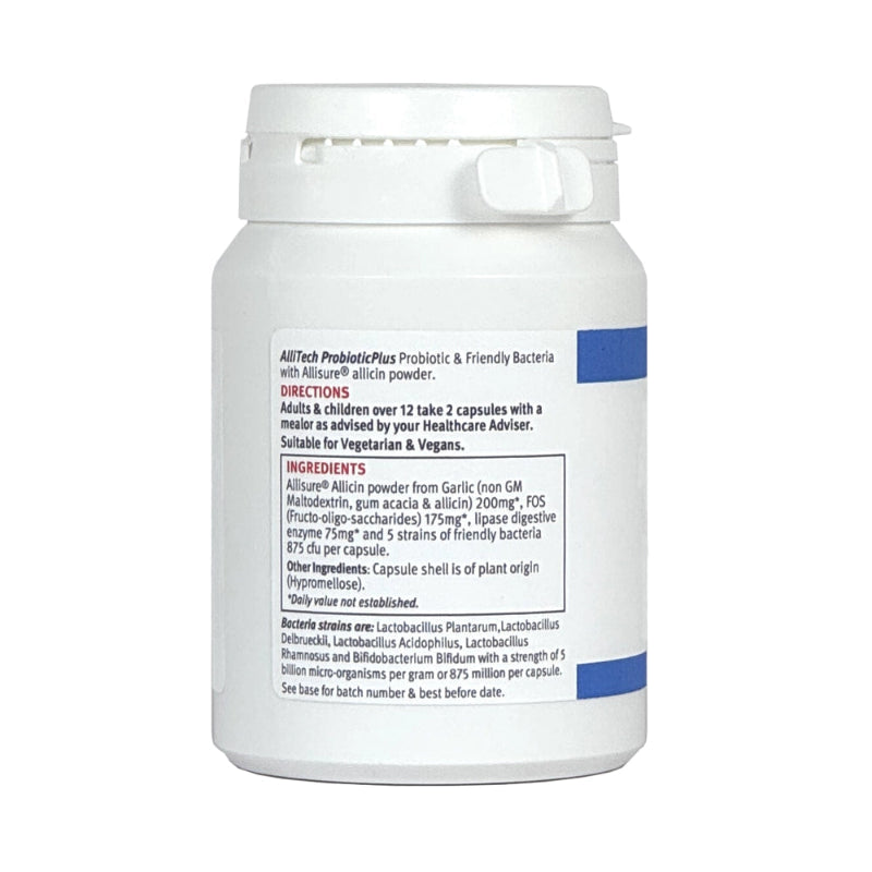 AlliTech Probiotic Plus supplement container with label on a white background