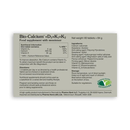 Bio-Calcium +D3 +K1 +K2 60 Capsule package with text and branding on a white background