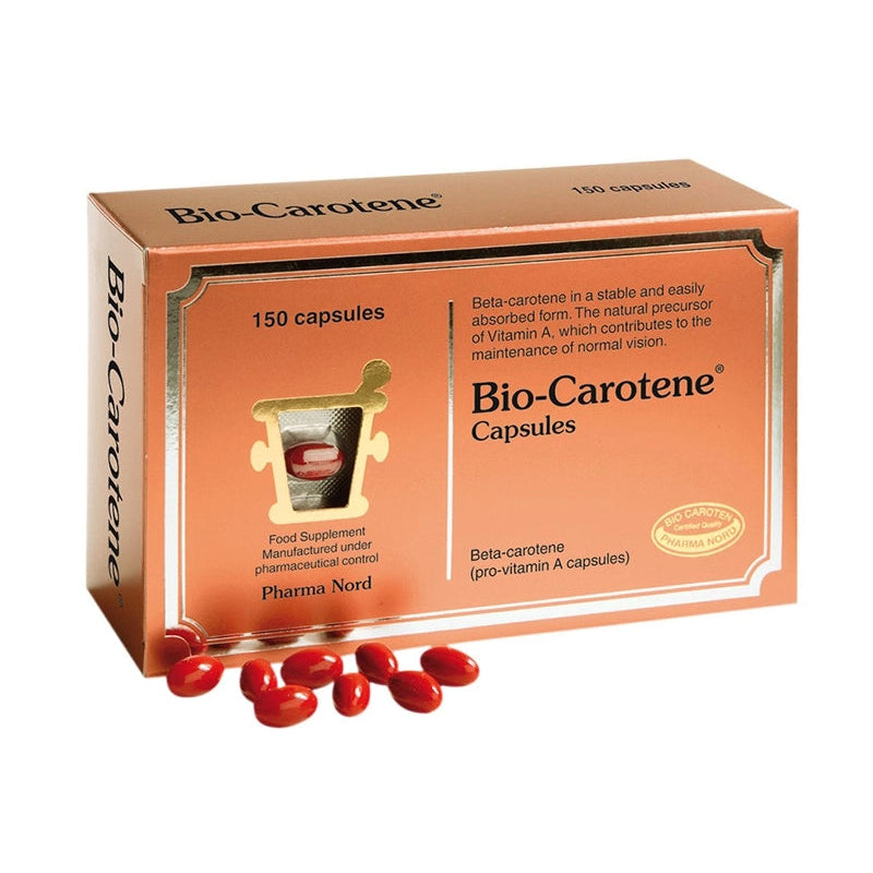 Box of Bio-Carotene capsules with red capsules on a white background