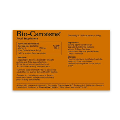 Bio-Carotene food supplement package with text on a white background