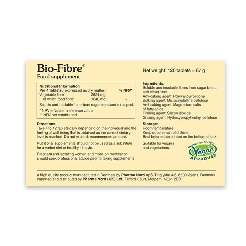 Bio-Fibre food supplement packaging with nutritional information and ingredients list on a white background.