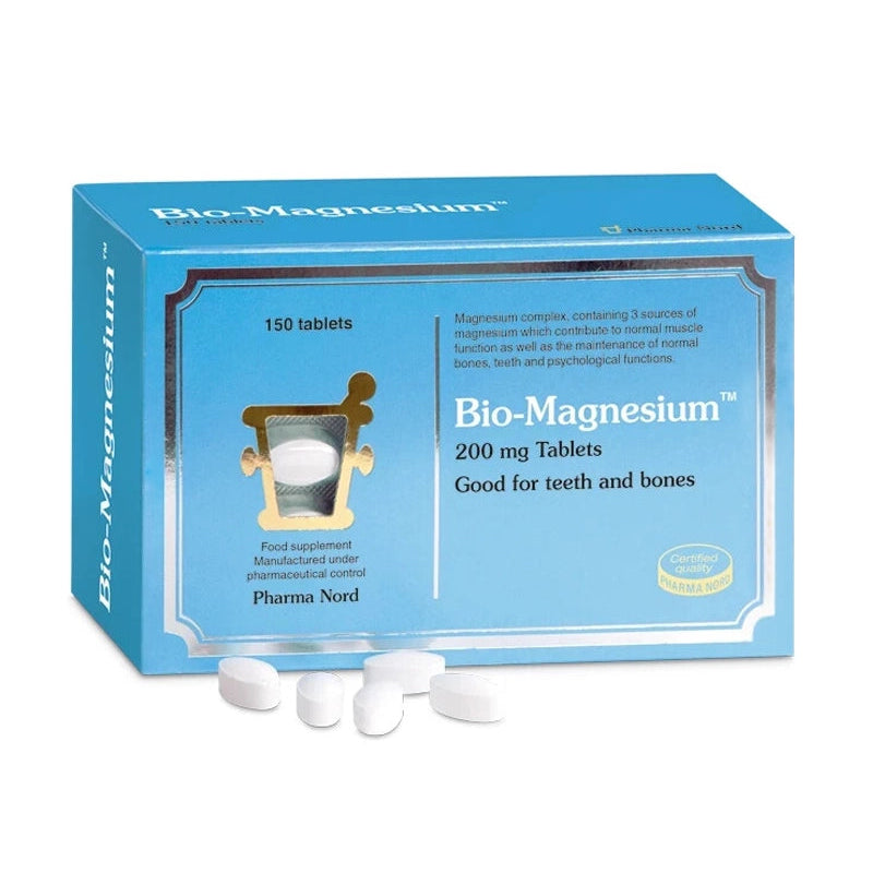Box of Bio-Magnesium tablets with packaging and tablets on a white background