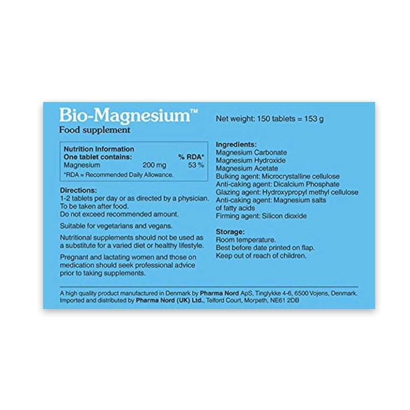 Bio-Magnesium food supplement label with text and blue background
