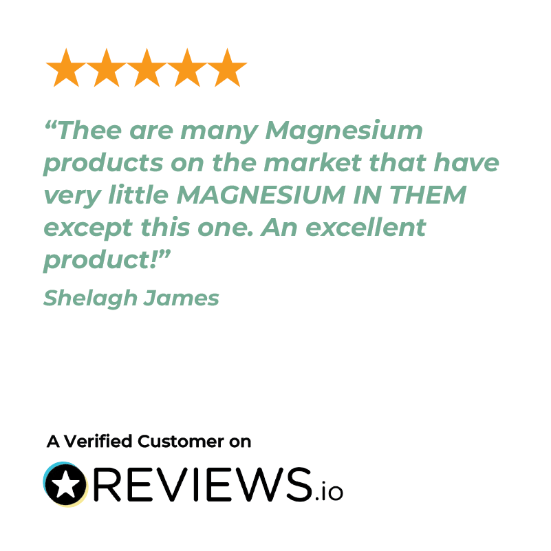 Five-star review for Bio-Magnesium 60 tablets on Reviews.io with a quote from Shelagh James.