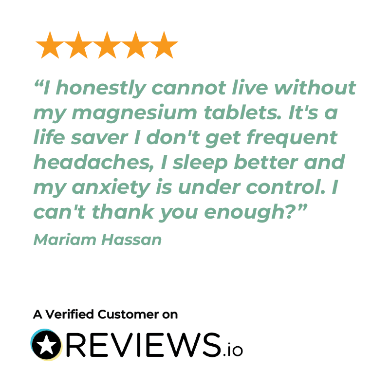 Five-star review for magnesium tablets with a customer quote on a white background