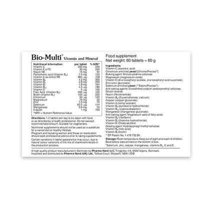 Nutritional information label for a Bio-Multi vitamin and mineral supplement on a white background