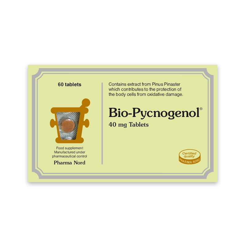 Box of Bio-Pycnogenol tablets with branding and product details on a white background