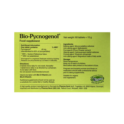 Bio-Pycnogenol food supplement package with nutritional information and directions.
