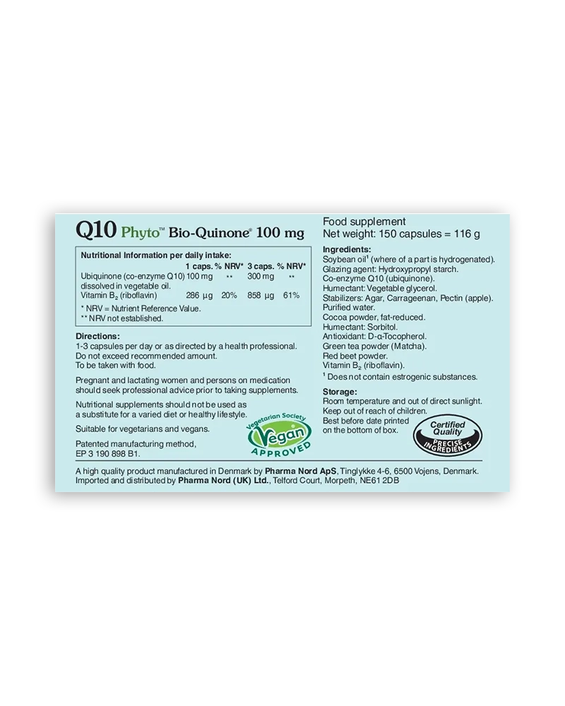 Bio-Quinone Q10 Phyto 100mg 150 Capsules back of pack