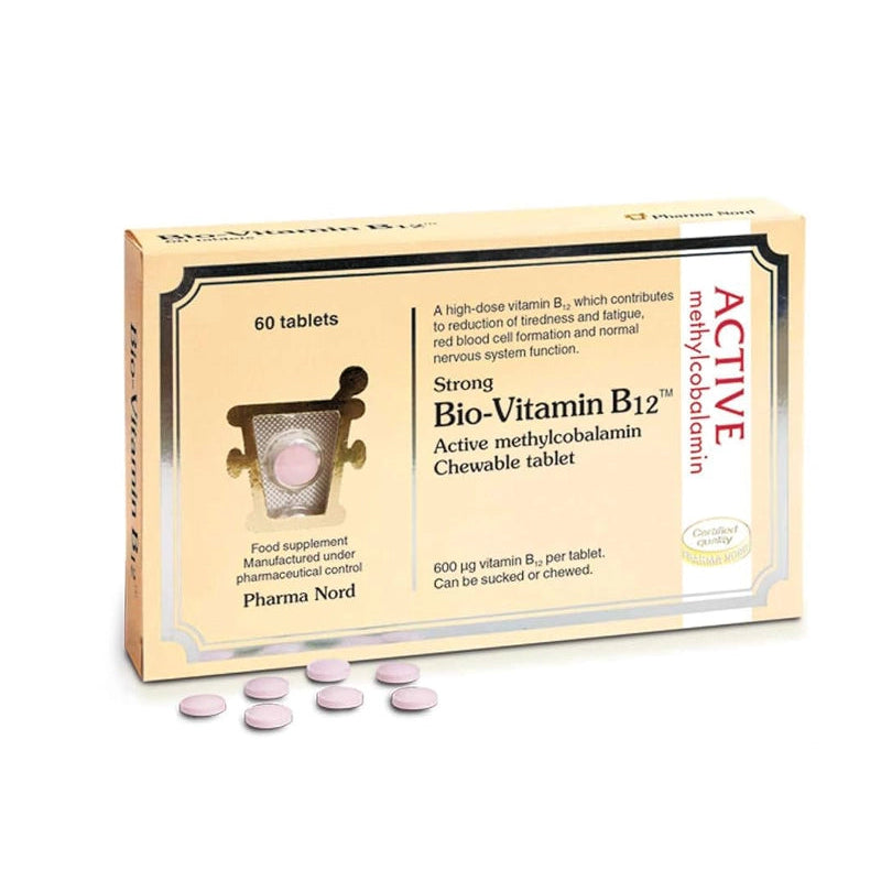 Box of Bio-Vitamin B12 tablets with scattered pills on a white background