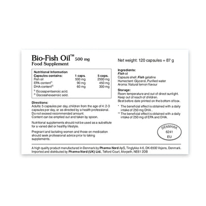 Back of the pack of Bio-Fish Oil 500 mg food supplement with nutritional information and ingredients.