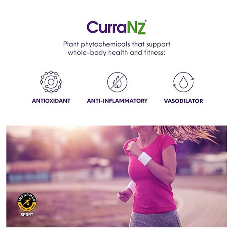 Advertisement for Curranz with a person exercising outdoors, highlighting antioxidant, anti-inflammatory, and vasodilator benefits.