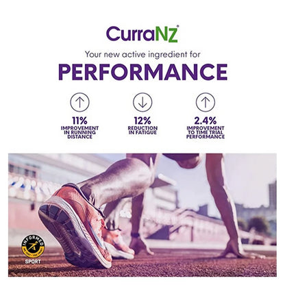 Advertisement for CurranZ with text about performance improvements and a blurred image of legs running.
