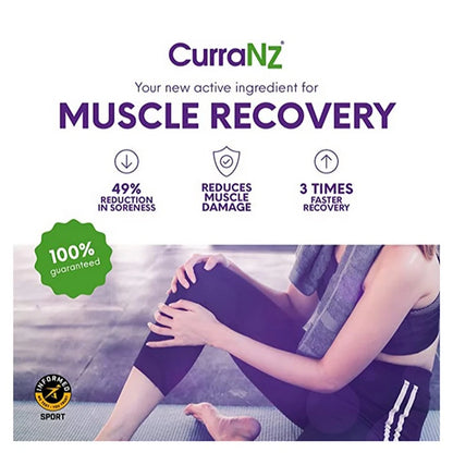 Advertisement for CurranZ muscle recovery product with a person sitting on a yoga mat.