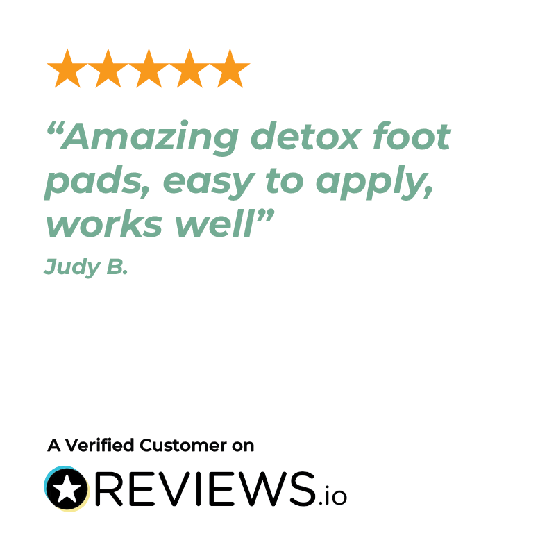 Five-star review for Detoxology Detox Footpads with a customer name and verified status on Reviews.io.