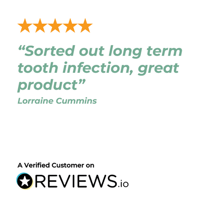 Five-star review for Eden Olive Extract about a tooth infection product with a customer name and verified status on Reviews.io.