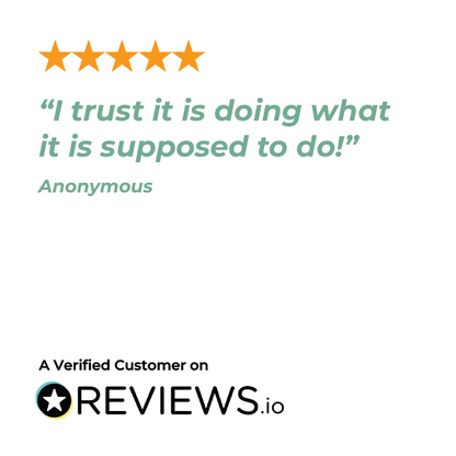 Five-star rating with a customer review on a white background, featuring the REVIEWS.io logo.