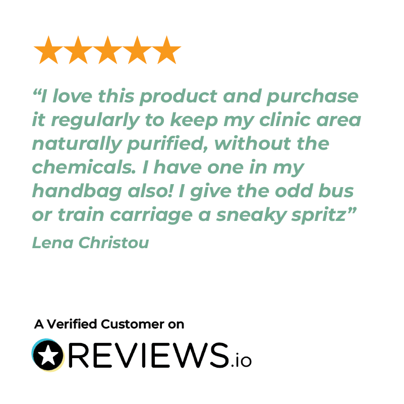 Five-star review for Germ-A-Clenz_Spray 120ml on Reviews.io with a quote from a verified customer.