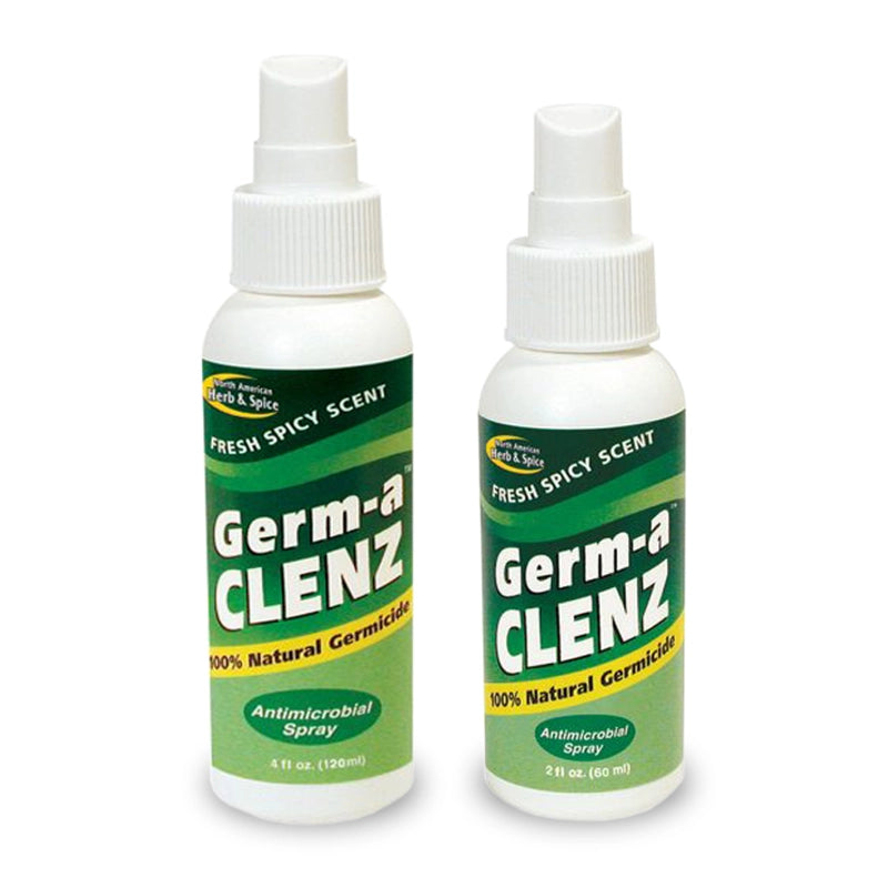 Green Germ-a-CLENZ 60ml and 120ml antimicrobial spray bottles on a white background