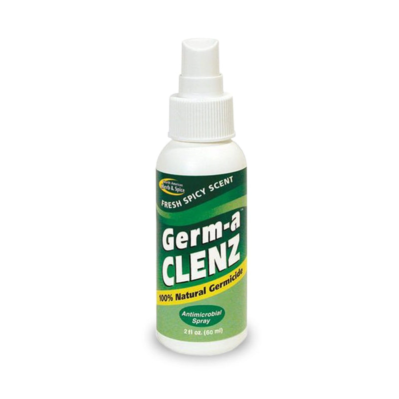 Green Germ-a-CLENZ 60ml antimicrobial spray bottle on a white background