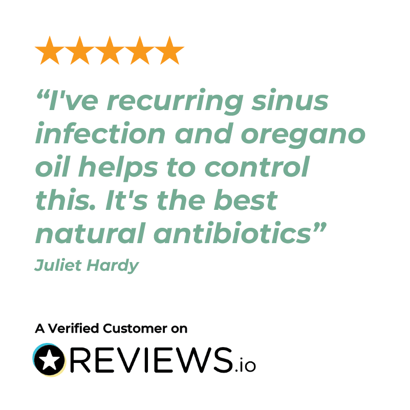 Five-star review for Oreganol Oil P73 Regular Strength  product on Reviews.io with a customer quote.