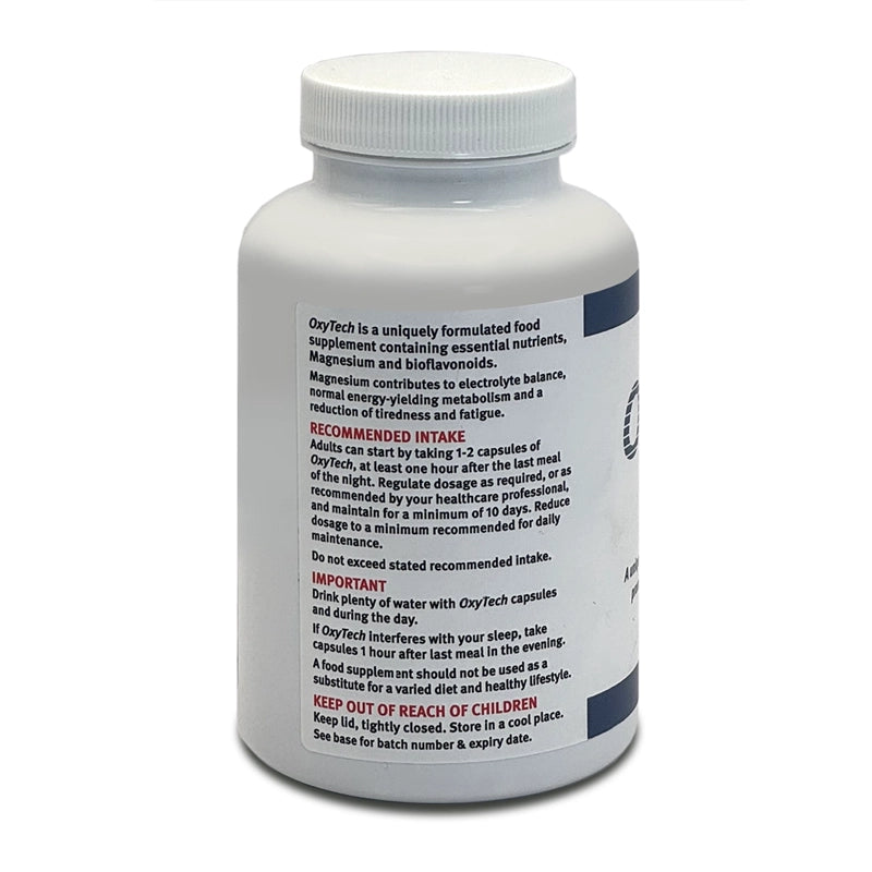 Side of OxyTech supplement 180 bottle with label on a white background