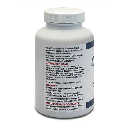 Side of OxyTech supplement 180 bottle with label on a white background