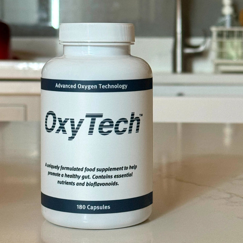 OxyTech 180 supplement bottle on a kitchen counter