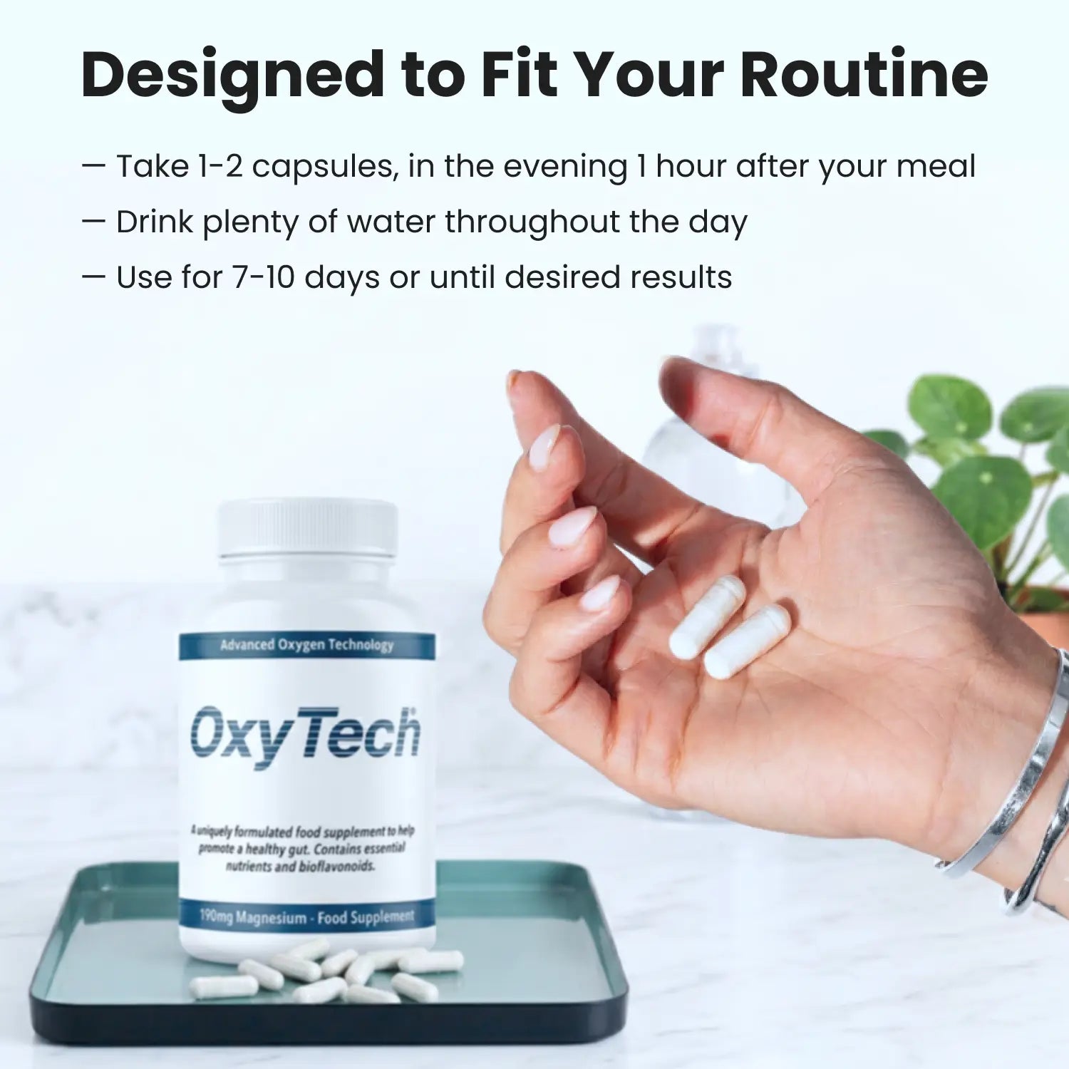 OxyTech supplement bottle with capsules and text on a light background
