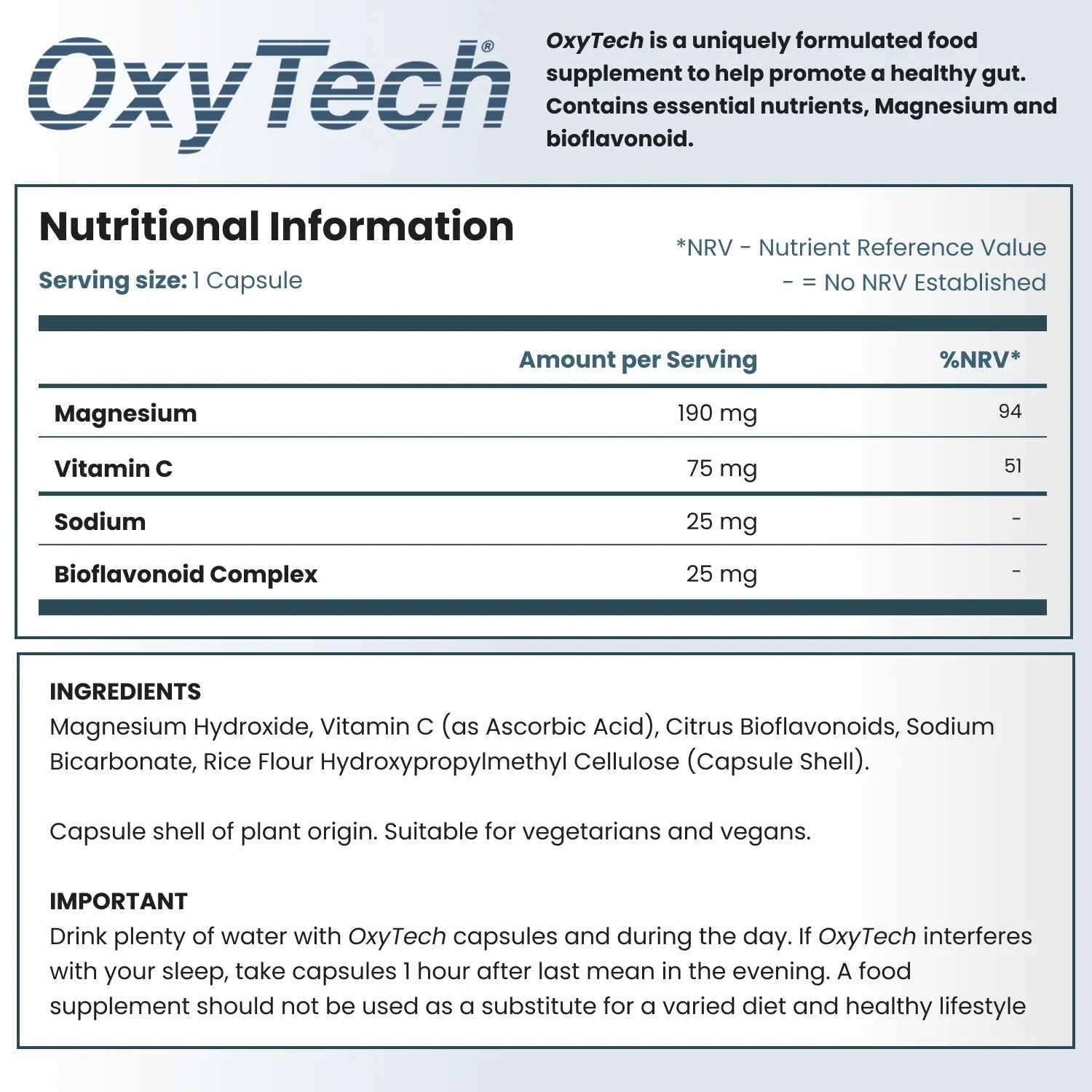 Nutritional information label for OxyTech supplement showing ingredients and nutritional details.