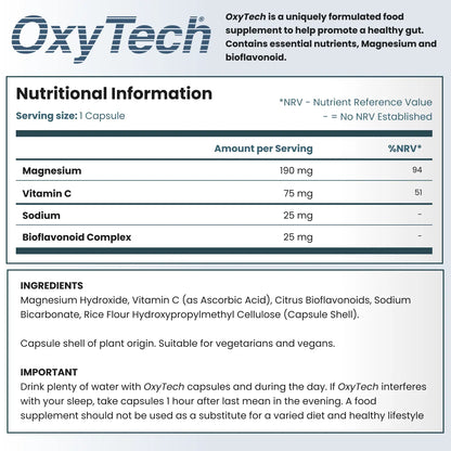 Nutritional information label for OxyTech supplement showing ingredients and nutritional details.