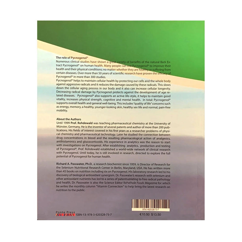 Back cover of 'Pycnogenol Phenomenon' book with text and a barcode on a gradient background